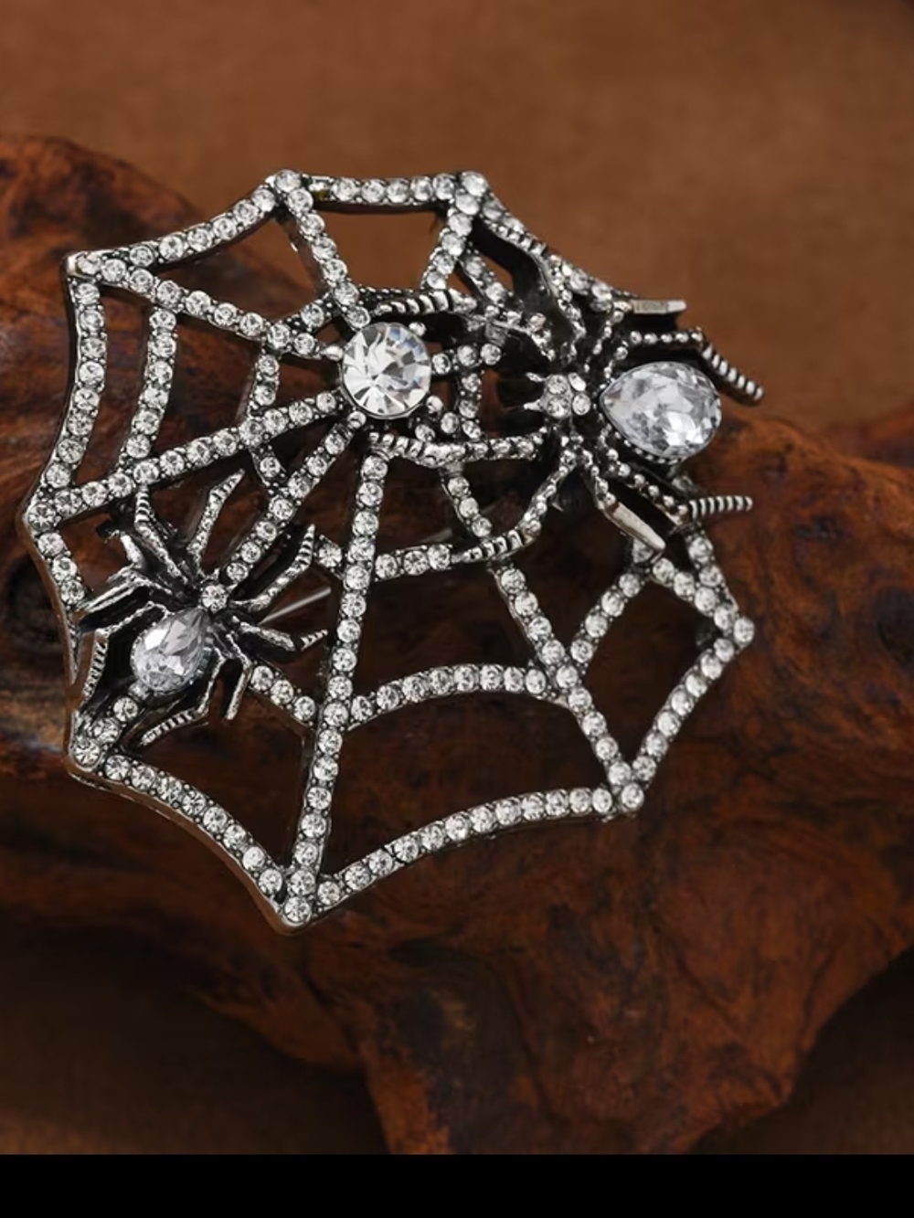 Crystal Spider Web Brooch - Silver Tone with Clear Crystals
